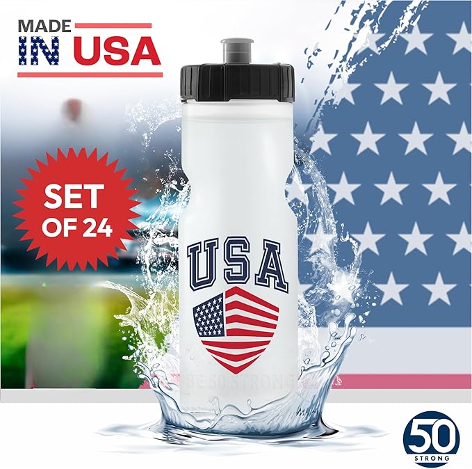 50 Strong Sports Water Bottles – Reusable 22 oz BPA-Free Plastic Bottles with Pull Top Cap – Made in USA – Top Rack Dishwasher Safe – Fits Most Bike Cages Brand