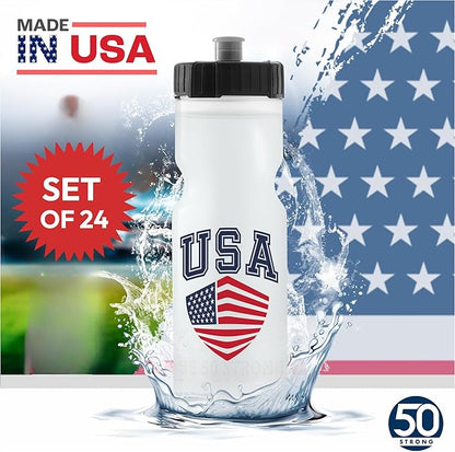50 Strong Sports Water Bottles – Reusable 22 oz BPA-Free Plastic Bottles with Pull Top Cap – Made in USA – Top Rack Dishwasher Safe – Fits Most Bike Cages Brand