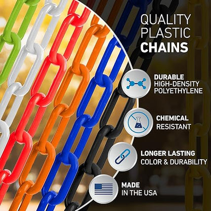 US Weight (Made in USA) 2" x 50' Orange Plastic Safety Chain ft. SunShield UV Resistant Technology