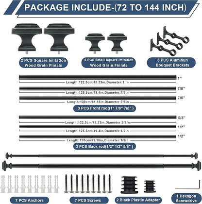 Double Wood Curtain Rods for Windows 72 to 144 Inches,1 Inch Decorative Wooden Curtain Rod with Square Imitation Wood Grain Finials and Double Aluminum Bouquet Bracket, Antique Black