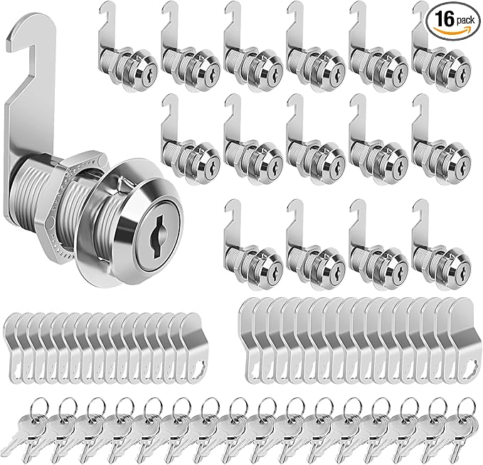 Cam Locks Cabinet Locks Keyed Alike, 1-1/8'' (Length) Cylinder Secure Files Drawers RV Storage Locks Replacement Set, Zinc Alloy Chrome Finish (1-1/8 Inch 16Pcs)