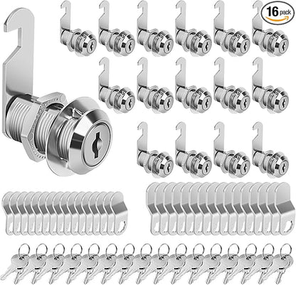Cam Locks Cabinet Locks Keyed Alike, 1-1/8'' (Length) Cylinder Secure Files Drawers RV Storage Locks Replacement Set, Zinc Alloy Chrome Finish (1-1/8 Inch 16Pcs)