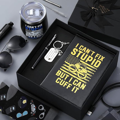 6 Pcs Police Officer Gifts for Men Law Enforcement Gifts 12 oz Stainless Steel Cup Socks Keychain Pen Notebook Box for Correctional Officer Cop First Responder Policeman Gear Accessories