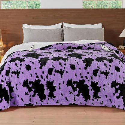 Cow Print Electric Heated Blanket Queen Size,84X90 Purple Heating Blanket Queen With Dual Control&Timer&10 Heat Levels,Highland Cow Decor Fleece Sherpa Blankets Warmer Gifts for Bed Women Adults