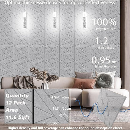 12 Pack Self-Adhesive Soundproof Wall Panels, 12 x 12 x 0.47 in Sound Proof Foam Panels for Walls, 1.2lb/ft³ High Density, Thicker 0.47in, Acoustic Panels, Noise Dampening Panels Studio Gray