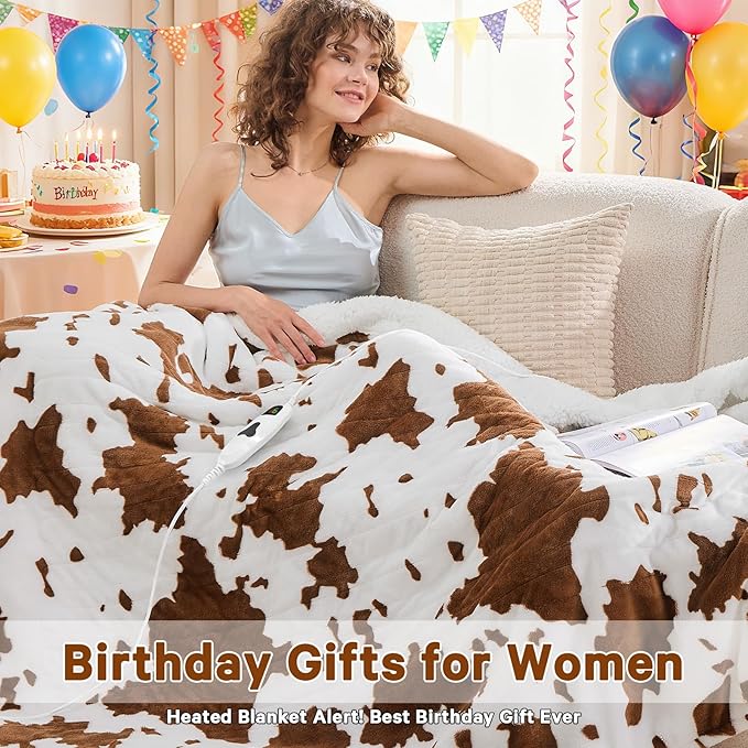 Cow Print Heated Electric Blanket Full Size,72X84 Brown Heating Blanket with 10 Heats Levels & 8 Hours Auto Off,Highland Cow Decor Fleece Sherpa Blankets Warmer Gifts for Women Adults,Washable