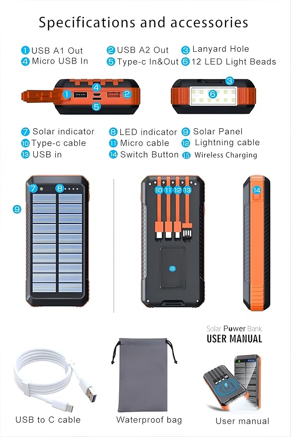 Solar Charger Power Bank 49800mAh, Portable Phone Wireless Charging Built-in 4 Cables 22.5W Fast Charging,Type-C Input/Output Port Solar Panel Charger with Flashlights&Compass for Camping（Black