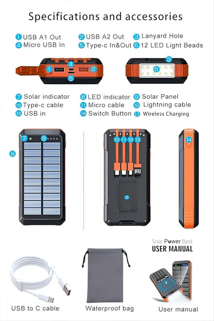 Solar Charger Power Bank 49800mAh, Portable Phone Wireless Charging Built-in 4 Cables 22.5W Fast Charging,Type-C Input/Output Port Solar Panel Charger with Flashlights&Compass for Camping（Black