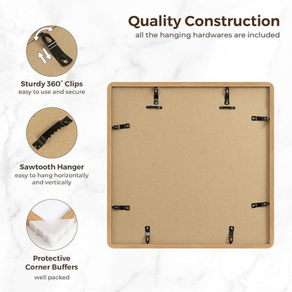 16x16 Picture Frame, Square 16 by 16 Frames for Wall - Solid Oak Wood & Tempered Glass, 16 x 16 Wood Frame Matted to 12 x 12, Square Picture Frame 16"x16" for Home Decor, Natural Oak Color, 1 Pack