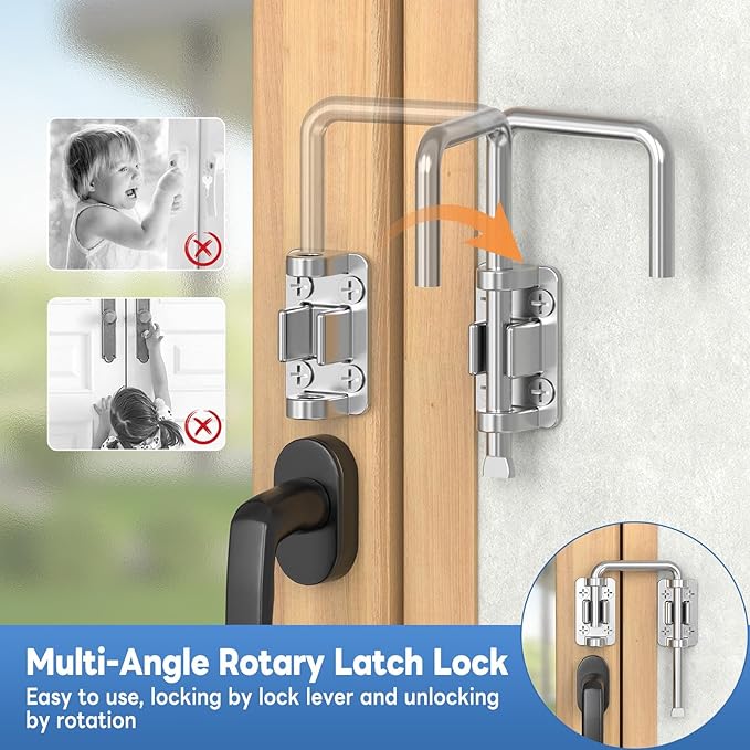 Sliding Door Loop Lock, 90/180 Degree Stainless Steel Patio Door Latch for Sliding Barn/Single/Double Opening Gate, Shed, Closet, Window, Fence - Home Security Loop Latch (Silver-1PC)