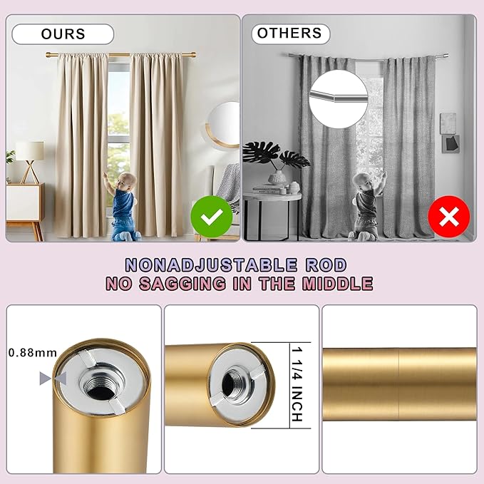 Heavy Duty Curtain Rods,1 1/4" Large Diameter Premium Nonadjustable Curtain Rod,72in/6ft Custom Window Treatment Rods with Durable Aluminum Brackets and End Caps,Gold Finish