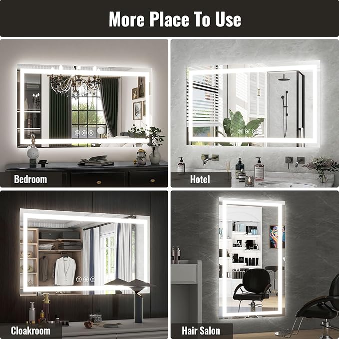 LED Bathroom Mirror, 32x48 Inch White Framed Gradient Front and Backlit Vanity Mirror, Anti-Fog, Dimmable, Wall Mounted Horizontal/Vertical Lighted Mirror, LED Vanity