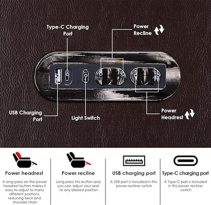 Weilianda Home Theater Seating Top Grain Leather Zero Gravity Recliner Chair Power Headrest Recline Movie Seat Gaming 7 Colors Mood Light Sofa with Tray Table USB Charge Row of 4 Loveseat Middle Brown