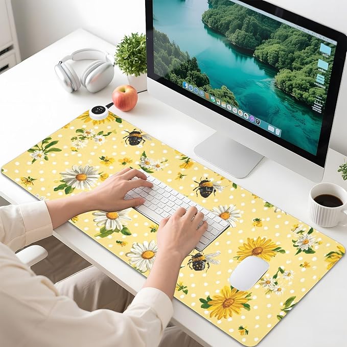 Heated Desk Pad Mouse Pad 31.5x13 Inch PU Leather Desk Mat with 3 Heat Levels Large Mouse Gaming Computer Laptop Mat Yellow Dot Bee and Daisy