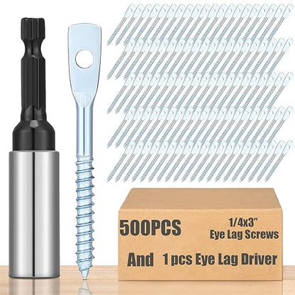 500 Pcs Eye Lag Screws and 1 Pcs Driver Set, 1/4 Inch x 3 Inch Eye Lag Wood Screws Zinc Plated 2-5/8 Inch Quick Install Bit Kit for Use with Attaching Hanger Wire to Ceiling Joists