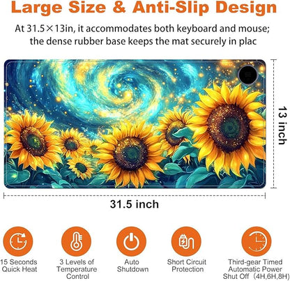Heated Mouse Pad for Desk 31.5" x 13" – PU Leather Warm Desk Pad with 3 Heat Levels (104°F/113°F/122°F), Plug-in Electric Heating Mat with Auto Shut-Off, Waterproof & Rollable, Starry Sunflowers