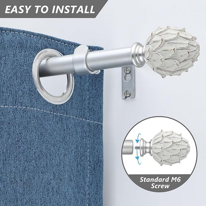Curtain Rods for Windows 28 to 48 Inches 6/8 Inch Diameter Adjustable Drapery Rods Decorative Single Window Curtain Rods with Classic Finials,Silver