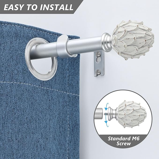 Curtain Rods for Windows 48 to 84 Inches 1 Inch Diameter Adjustable Drapery Rod Decorative Single Window Curtain Rods with Classic Finials,Silver