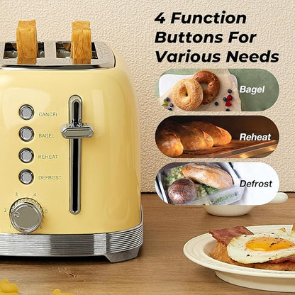 Toaster 2 Slice Retro Stainless Steel with 1.5” Extra Wide Slots Bagel, Defrost, Reheat, Cancel Functions, 6 Bread Shade Settings, Removable Crumb Tray, Yellow