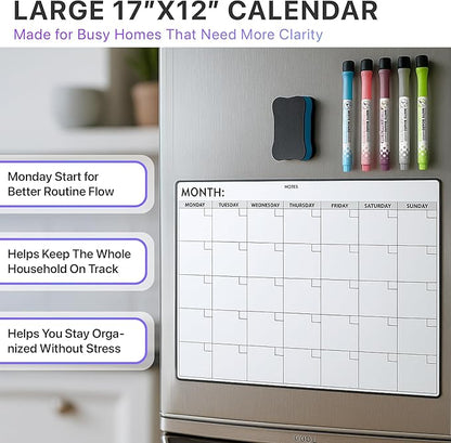 Monthly Magnetic Calendar for Refrigerator – Monday Start 17 x 12” Fridge Calendar Magnet | Dry Erase Whiteboard Family Planner & Schedule Board | Include 5 Markers & Eraser by Freedom Mastery
