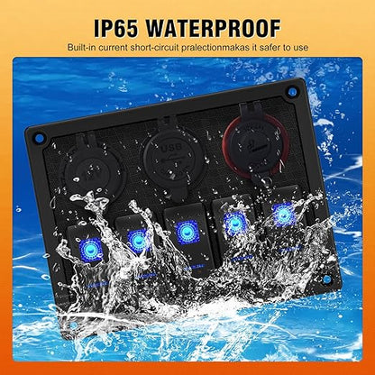 Marine Boat Rocker Switch Panel,Waterproof 5 Gang Toggle Switch Panel with Dual USB and Voltmeter Panel for RVs, Cars, Boats, Trucks,Trailers - 12-24V