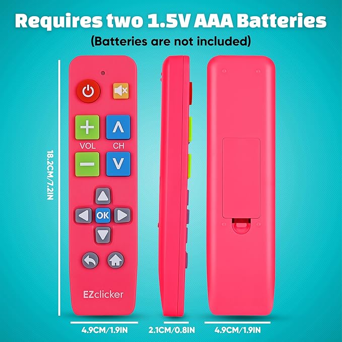 Plus Big Button Universal TV Remote (Pink) Simple Easy to Use, Works with Major TV Brands (2xAAA Batteries Not Included)