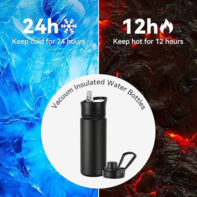 16 oz Insulated Water Bottle with Straw Lids, Stainless Steel Kids Water Bottles for School, Double Wall Vacuum Metal Water Bottle with Straw & Wide Mouth Lid, Black 4 Pack