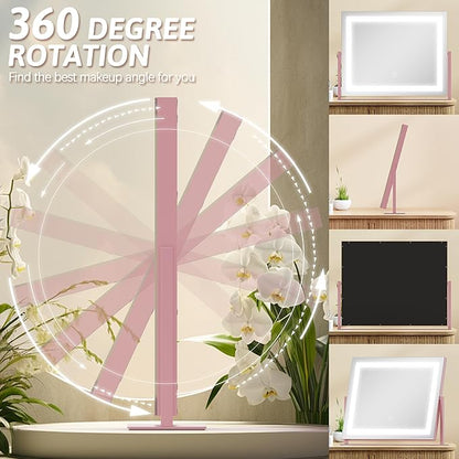 ROLOVE Pink Vanity Mirror with Lights 22"x18", Lighted Makeup Mirror with 10X Magnification, Smart Touch 3 Colors Dimmable, 360° Rotation, Gift for Teens