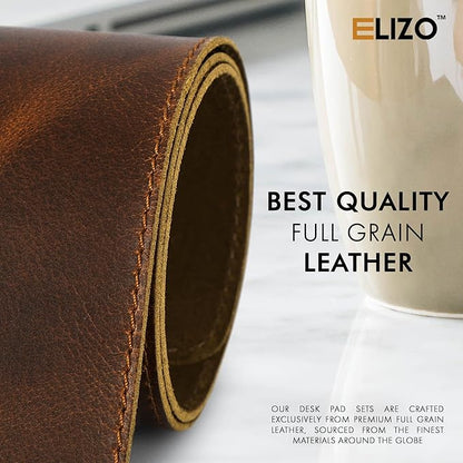 Elizo Real Leather Desk Mat Set (32x16) Large Desk Cover Desk Blotter Protector Computer Gaming Mouse Pad Table Laptop Office Desktop Accessories