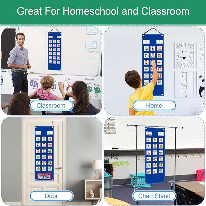KIKIGOAL Kids Visual Schedule Calendar Chart, 2 in 1 Autism Daily Chore Routine Chart with 70 Cards Autism Learning Materials Kids Visual Behavioral Tool Wall Planner for Home School (Blue)