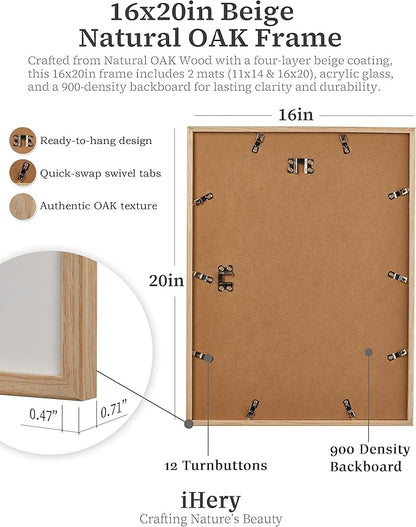 iHery Standard 16x20in Truly Natural OAK Wood Beige Color Picture Frame with High Transparency Acrylic Glass Thickened Backboard, Photo Frames Minimalistic Design Narrow Border 1Pack
