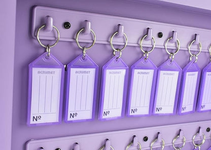 Acrimet 24-Key Cabinet with Lock, Wall Mount Wooden Key Organizer, Security Key Storage Box (24 Positions) with Numbered Hooks & Clear Purple Key Tags – Commercial & Home Use (Purple)