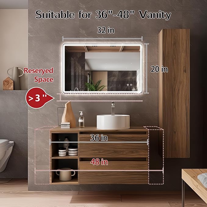 Niccy 20"x32" LED Bathroom Mirror, Rectangle Vanity Mirrors with Lights, Frontlit & Backlit Lighted Vanity Mirror, Memory Funtion, 3 Colors & Stepless Dimmable, Anti-Fog, Horizontal/Vertical