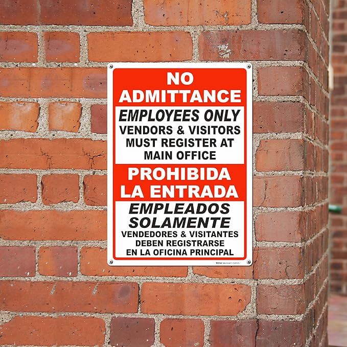 Brimar - 10" x 14" - Bilingual Vendors & Visitors Must Register Sign - .040″ Rust-Free Aluminum - High Visibility - Easy Installation