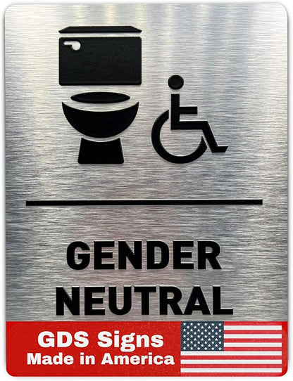 Gender Neutral Restroom Sign by GDS - ADA Compliant, Wheelchair Accessible, Raised Icons, & Grade 2 Braille - Includes Adhesive Strips for Easy Installation - Bathroom Sign, Bathroom Signs for Business, Restroom Signs for Business - 6" W x 8" H (Brushe...