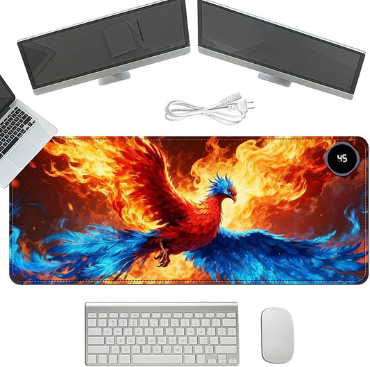 Heated Mouse Pad with 3 Temperature Settings(104°F–122°F),Large 31.5x13 Inch PU Leather Heated Desk Mat,Waterproof Warming Pad for Office,Gaming & Cold Hands Relief,Fiery Phoenix Bird