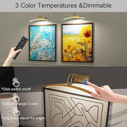 PAIHOME Picture Light for Wall Battery Operated, Rechargeable Picture Light with Smart Motion Sensor, Remote Dimmable & Timer, ‌16in Gold Wireless Art Lighting for Paintings Canvas Gallery Portraits