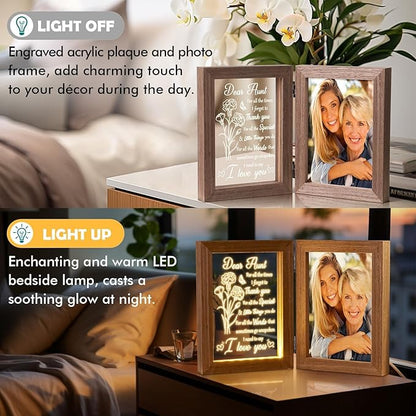 Aunt Gifts from Niece Nephew Aunt Christmas Gifts Auntie Gift, Engraved Night Light with Aunts Picture Frame Solid Wood, Best Auntie Ever Aunts Birthday Gift for Women - 5x7 Photos Table Display