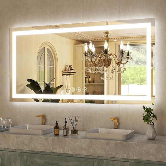 GLSLAND LED Bathroom Mirror - 55"x30" Anti-Fog Lighted Wall Mirrors with Memory Function, Dimmable, Frontlit & Backlit, Horizontally/Vertically, Tempered Glass