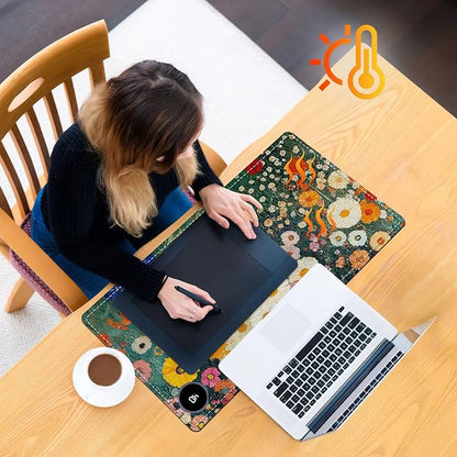 Heated Mouse Pad 23.6 x 14 in 3-Temp Fast Heating Desk Mat with Auto Timer Warmer for Hands Wrist Pain Relief Waterproof Keyboard Mat for Office, Gaming, Home, Floral Garden