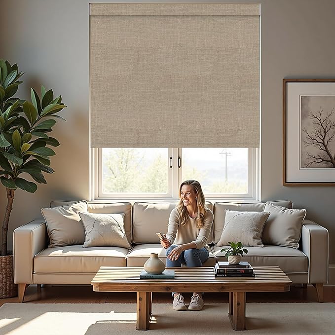 Motorized Roller Blinds with Remote, 100% Blackout Automatic Roller Shades for Bedroom, Bathroom, and Living Room, Customized Size, Coffee Beige