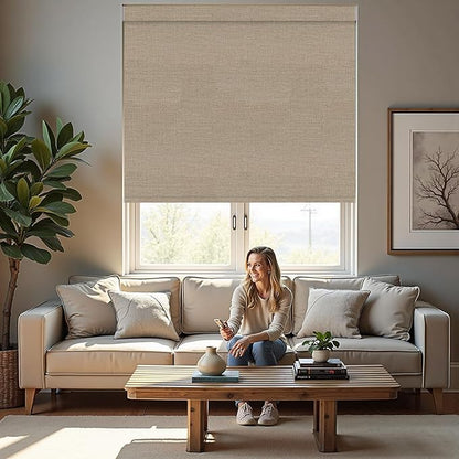 Motorized Roller Blinds with Remote, 100% Blackout Automatic Roller Shades for Bedroom, Bathroom, and Living Room, Customized Size, Coffee Beige