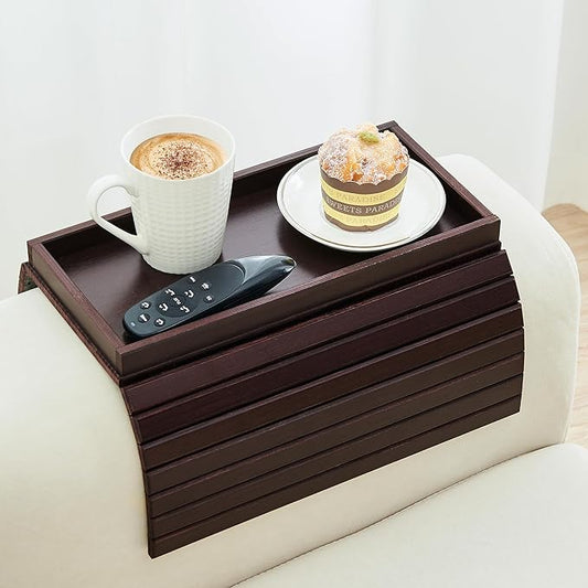 GEHE Bamboo Sofa Arm Tray, Foldable Couch Arm Tray Side Table, Anti-Falling Armrest Tables Cup Holder for Snacks, Drinks, Beers, Phone, Control, Flexible and Portable, Anti-Slip
