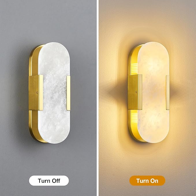 Brass Alabaster Wall Sconce, Modern Natural Marble Wall Sconces for Indoor Lighting, 13.8 in Gold Wall Lights for Bathroom Dining Room Stairs Bedroom (1-Pack)