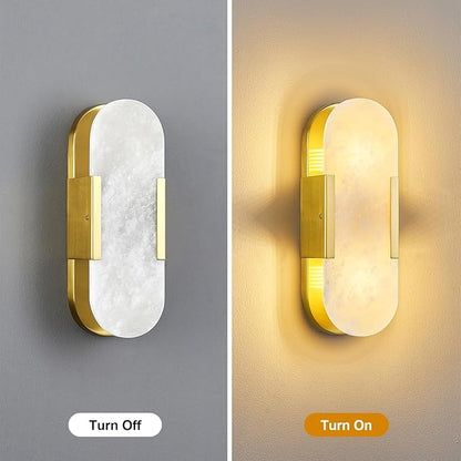 Brass Alabaster Wall Sconce, Modern Natural Marble Wall Sconces for Indoor Lighting, 13.8 in Gold Wall Lights for Bathroom Dining Room Stairs Bedroom (1-Pack)