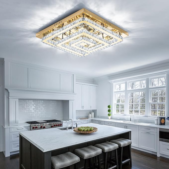 34" Modern Gold Crystal Chandelier with Remote/App Control, Dimmable Flush Mount Ceiling Light Fixture,3-Color Temperature, Led Ceiling Lamp for LivingRoom Bedroom Kitchen DiningRoom Entryway