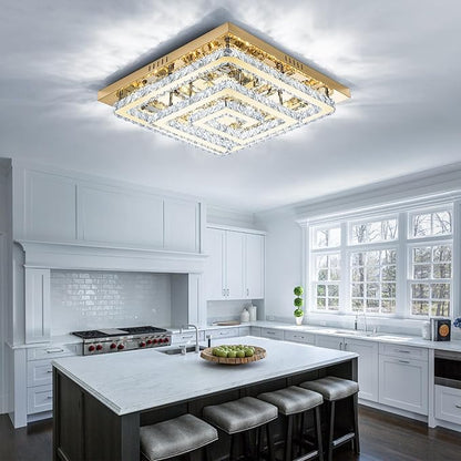 34" Modern Gold Crystal Chandelier with Remote/App Control, Dimmable Flush Mount Ceiling Light Fixture,3-Color Temperature, Led Ceiling Lamp for LivingRoom Bedroom Kitchen DiningRoom Entryway