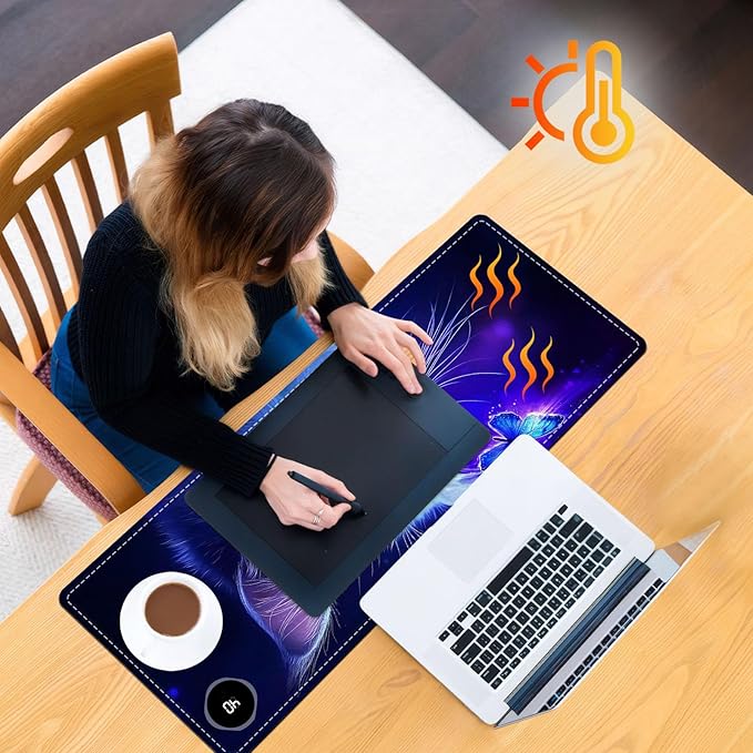 Heated Mouse Pad, Warm Desk Pad, Keyboard Mat 31.5 x 13 Inch Large Size Intelligent Fast Heating, 3 Speed Adjustable, Timed Auto Power Off for Game Office Home,Blue Cat Butterfly