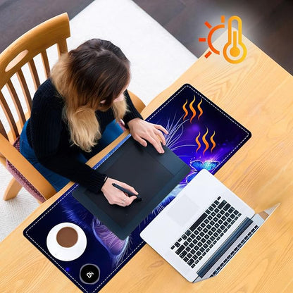 Heated Mouse Pad, Warm Desk Pad, Keyboard Mat 31.5 x 13 Inch Large Size Intelligent Fast Heating, 3 Speed Adjustable, Timed Auto Power Off for Game Office Home,Blue Cat Butterfly