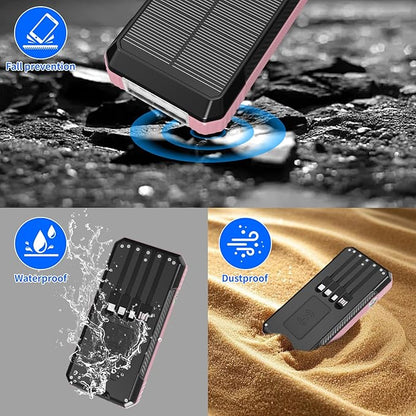 Solar Charger Power Bank 49800mAh, Portable Phone Wireless Charging Built-in 4 Cables 22.5W Fast Charging,Type-C Input/Output Port Solar Panel Charger with Flashlights&Compass for Camping（Pink